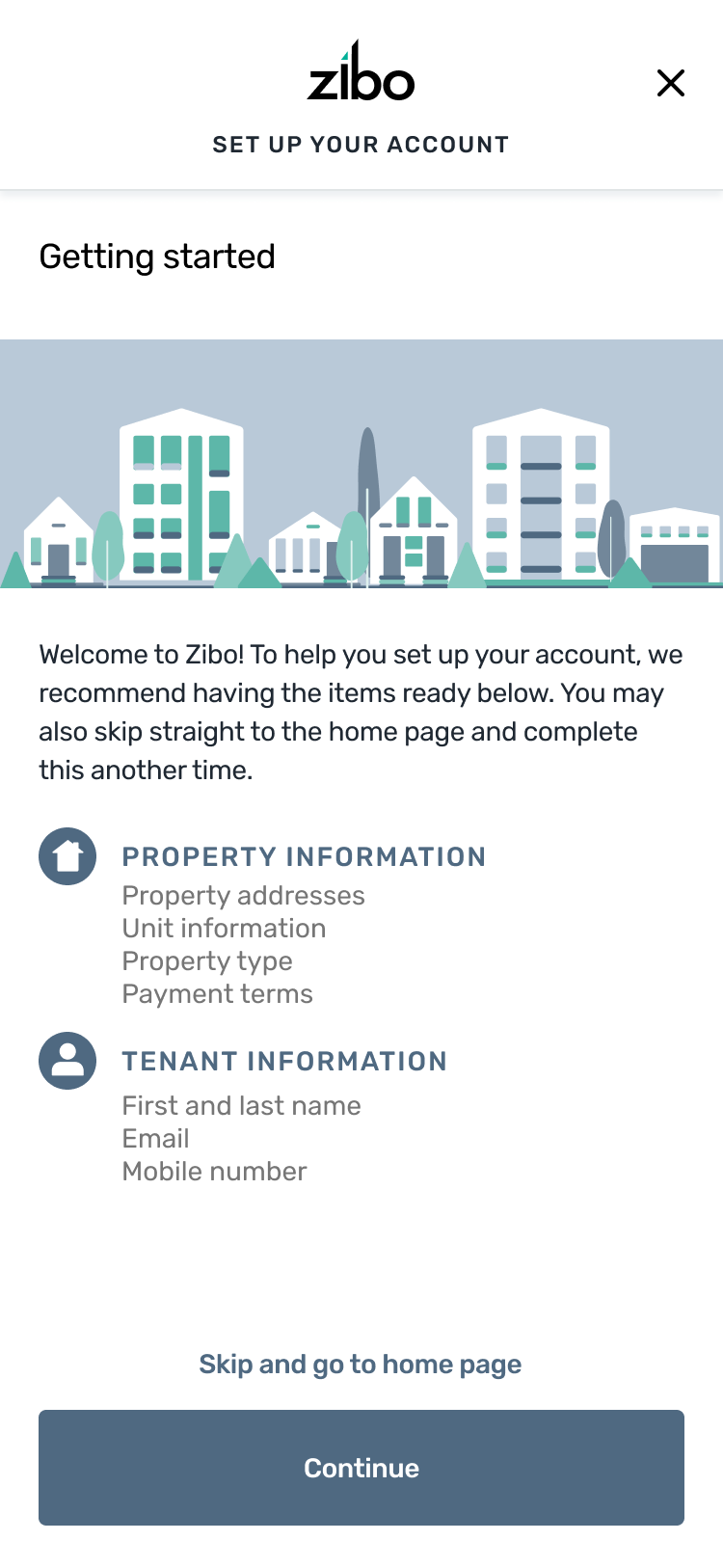 Mobile onboarding — Getting Started screen showing Property Information and Tenant Information checklists with a 'Skip and go to home page' option