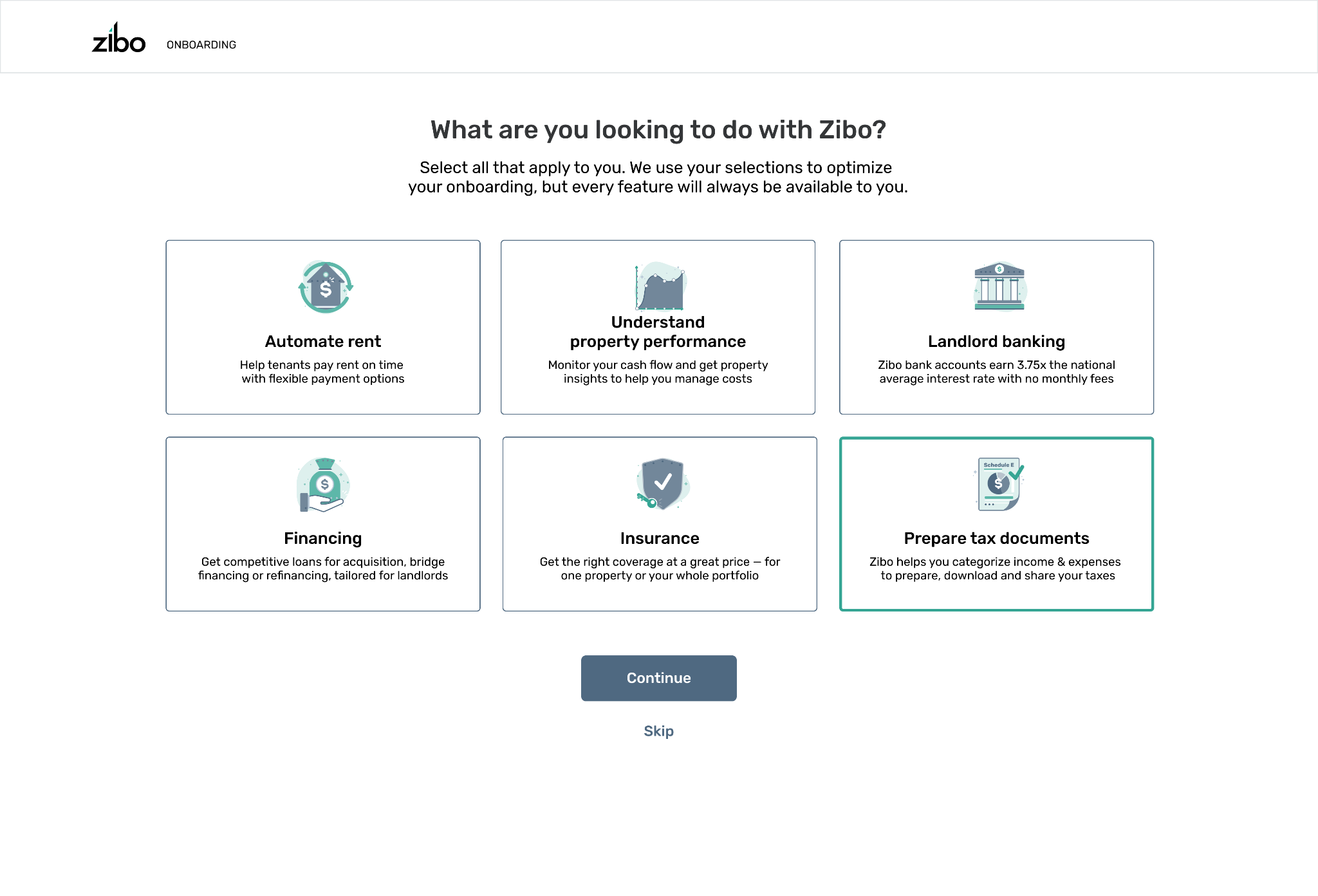 Azibo onboarding — 'What are you looking to do with Zibo?' screen showing six selectable cards: Automate rent, Understand property performance, Landlord banking, Financing, Insurance, and Prepare tax documents. Users select all that apply and continue.