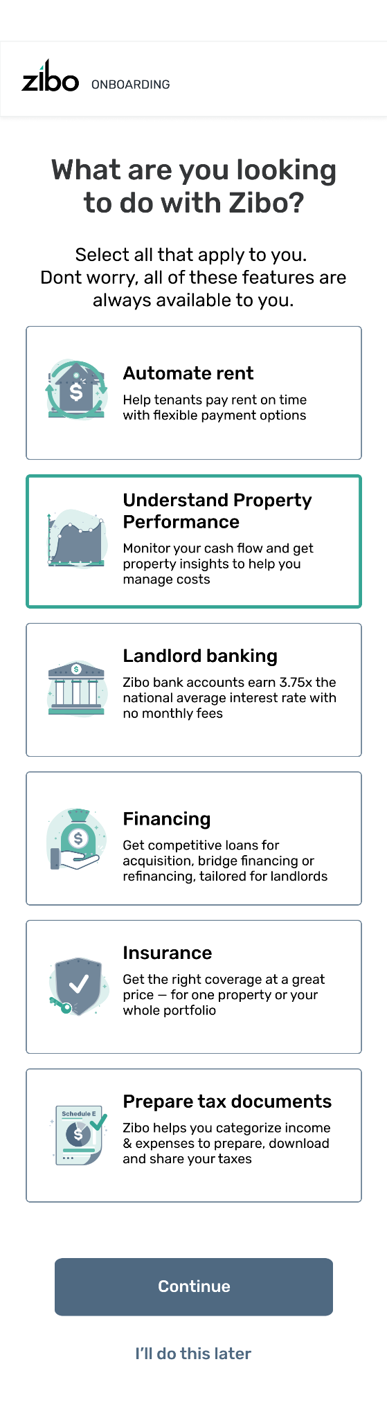 Mobile onboarding — same goal-selection screen in a mobile layout with stacked cards and 'I'll do this later' skip option